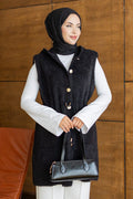Hooded Belted Black Modest Knit Vest 251485S