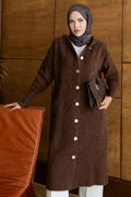 Hooded Buttoned Long Brown Modest Knit Cardigan 251489KH