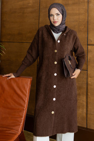 Hooded Buttoned Long Brown Modest Knit Cardigan 251489KH