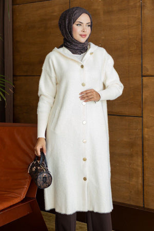 Hooded Buttoned Long Cream Modest Knit Cardigan 251489KR