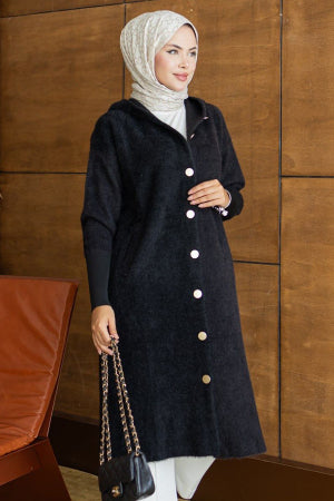 Hooded Buttoned Long Black Modest Knit Cardigan 251489S