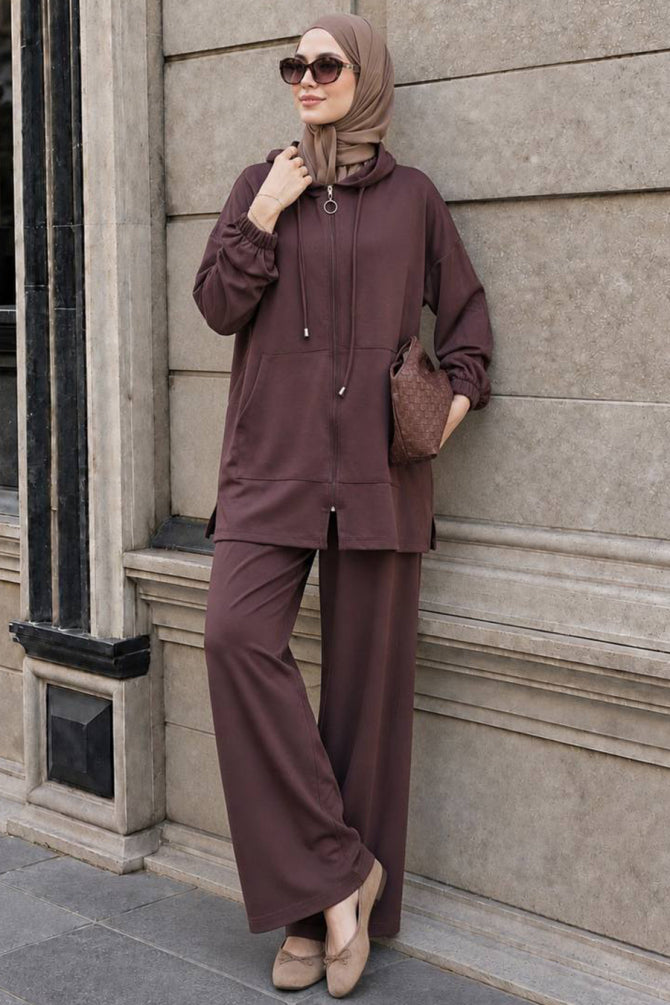 Brown hooded zip-up modest trouser two-piece set 3134KH wholesale Turkey fall winter