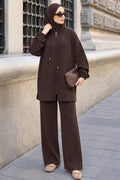 Dark brown hooded zip-up modest trouser two-piece set 3134KKH wholesale Turkey fall winter