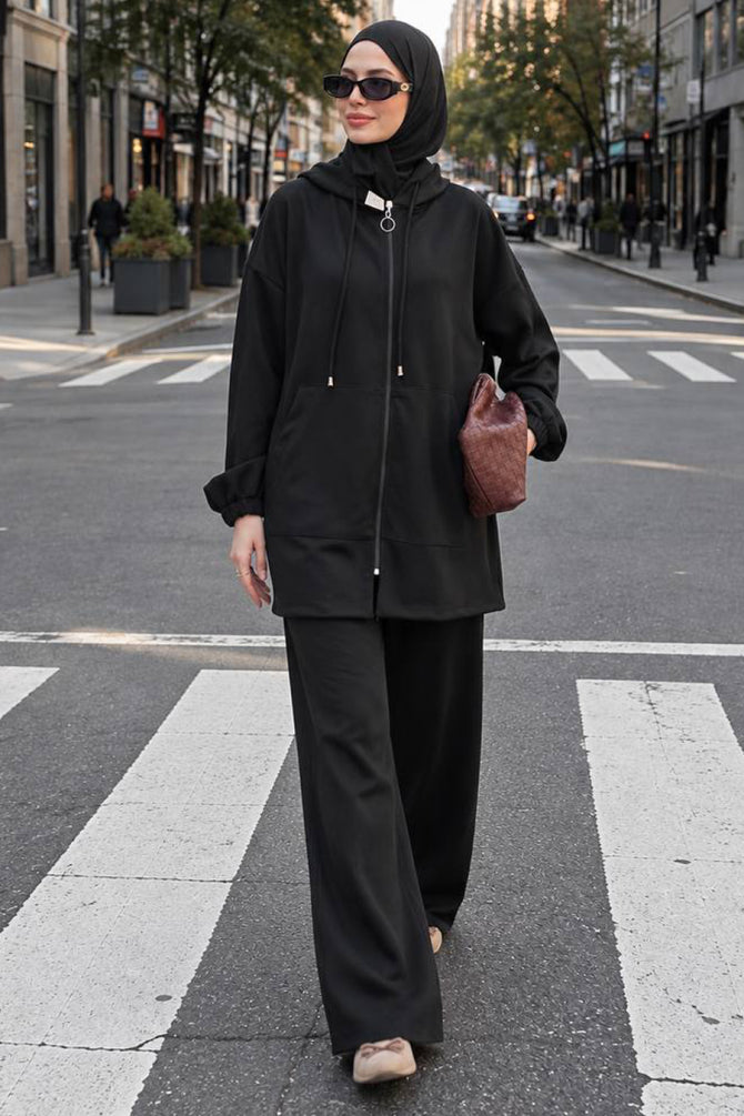 Black hooded zip-up modest trouser two-piece set 3134S wholesale Turkey fall winter