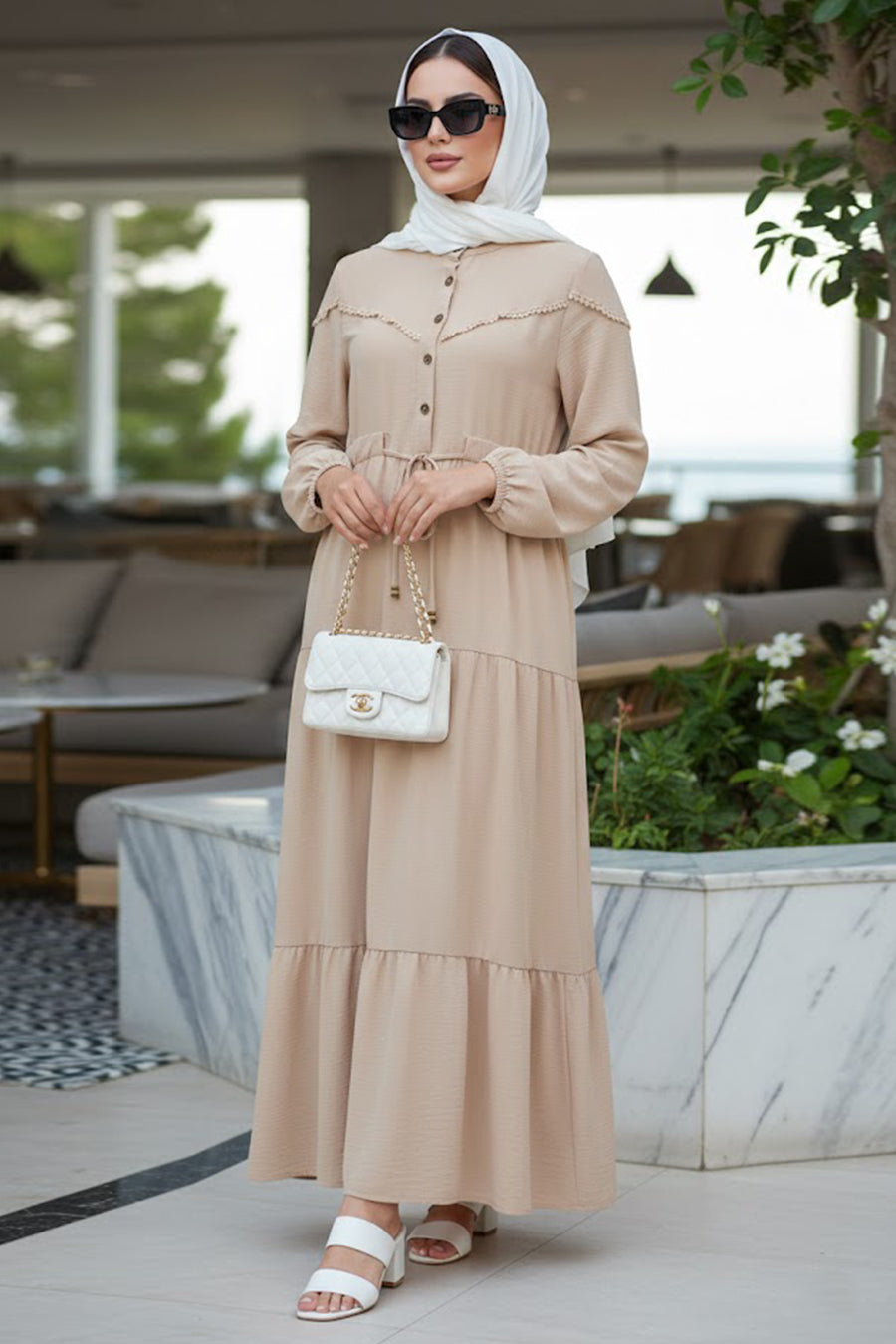 Layered Pleat Beige Modest Dress 10334BEJ