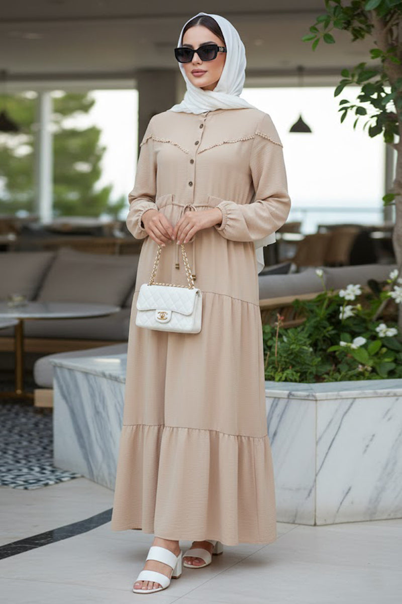 Layered Pleat Beige Modest Dress 10334BEJ