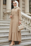 Layered Pleat Camel Modest Dress 10334C