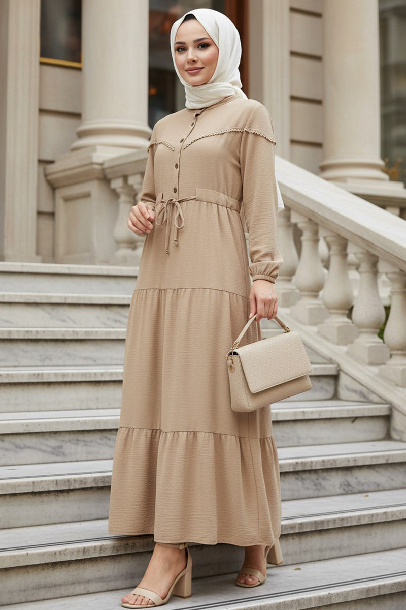 Layered Pleat Camel Modest Dress 10334C