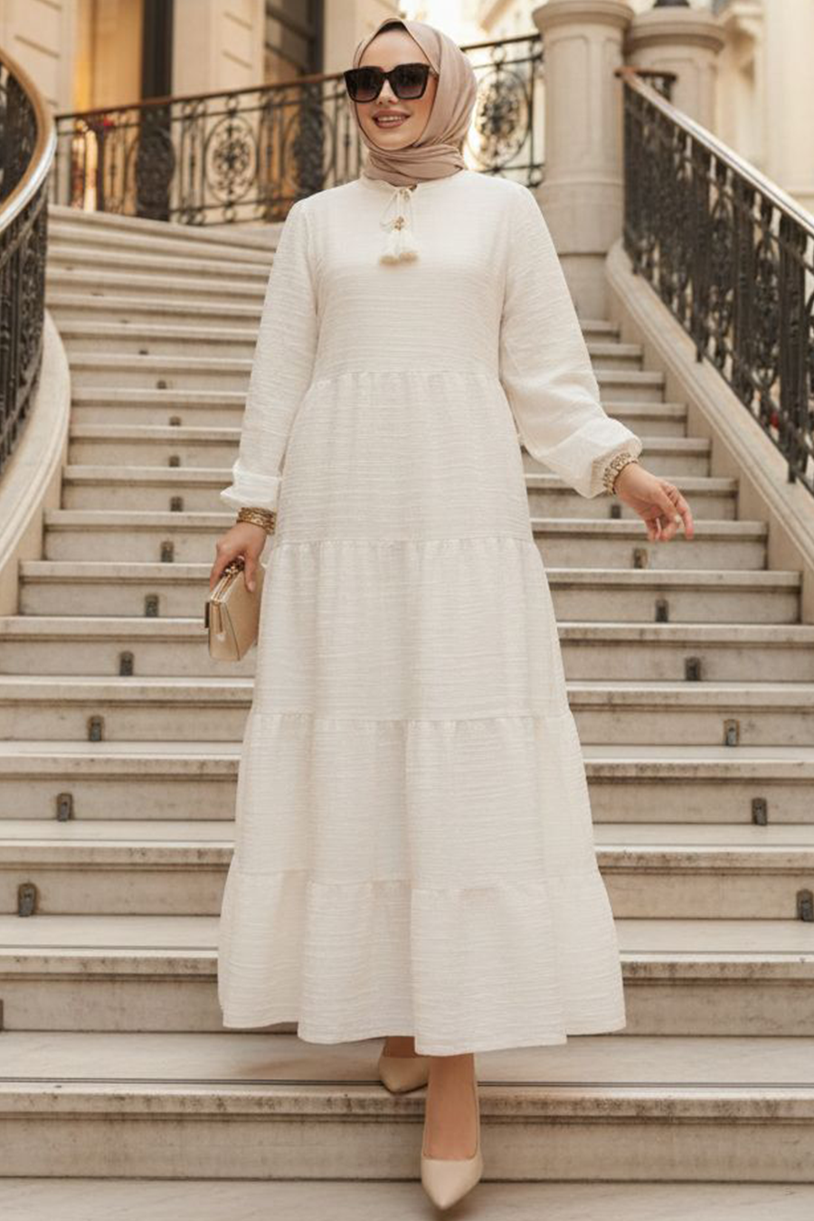 Wholesale Tiered Pleated Cream Modest Dress 19046KR
