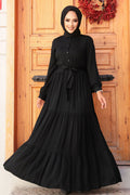 Layered Pleat Black Modest Dress 22042S