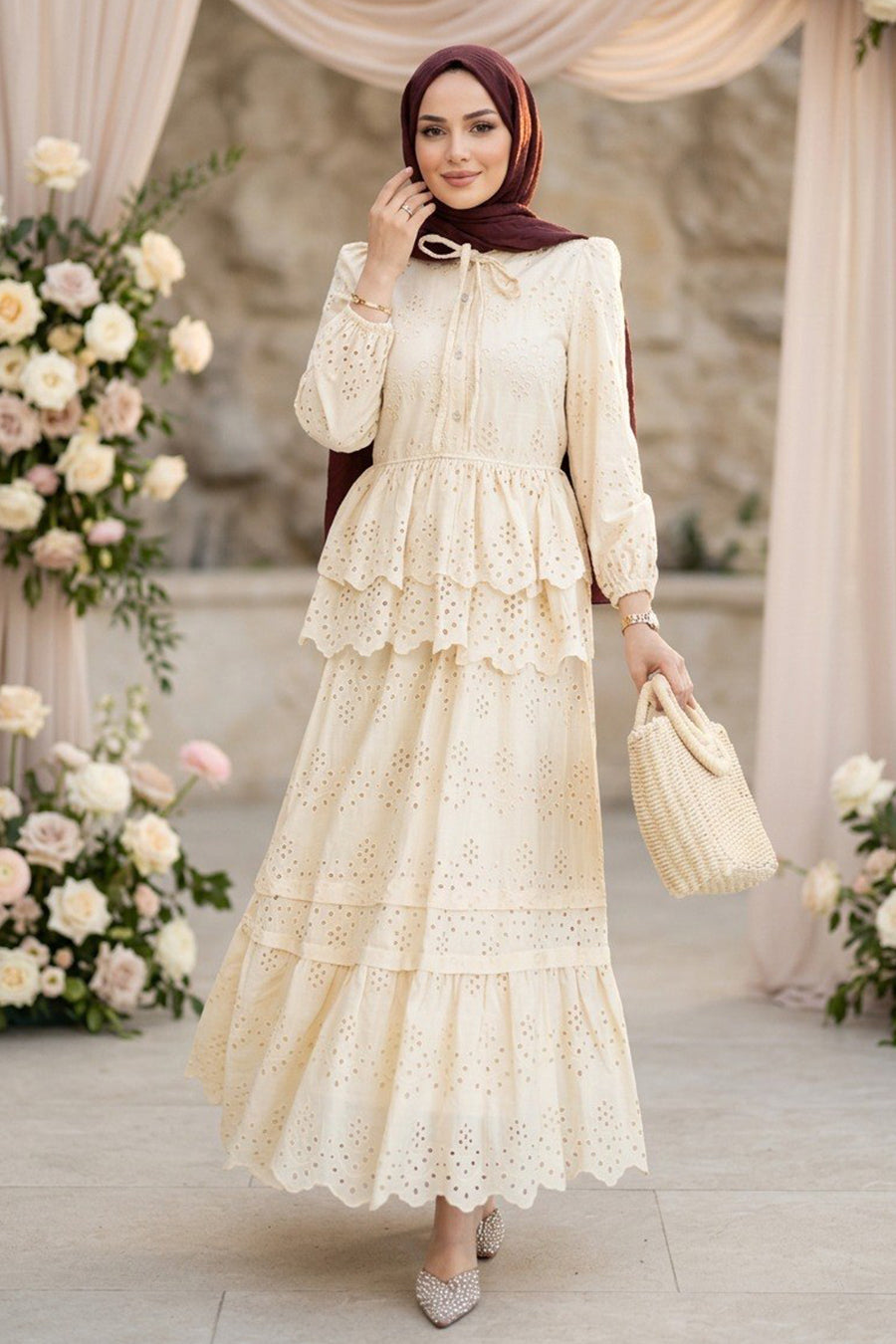 Tiered Ruffle Beige Embroidered Two-Piece Modest Set 50272BEJ