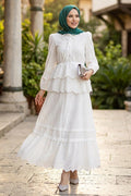 Tiered Ruffle White Embroidered Two-Piece Modest Set 50272B