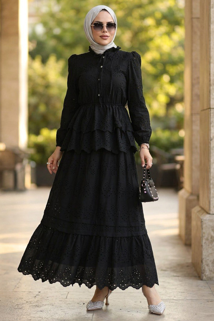 Tiered Ruffle Black Embroidered Two-Piece Modest Set 50272S