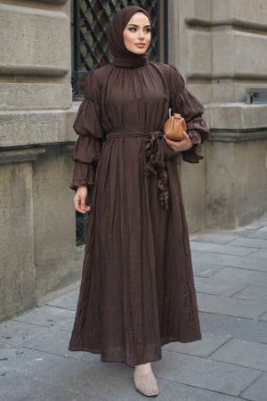 Layered Sleeve Scarf Collar Brown Modest Dress 26100KH
