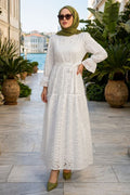 Belted White Embroidered Modest Dress 5000B