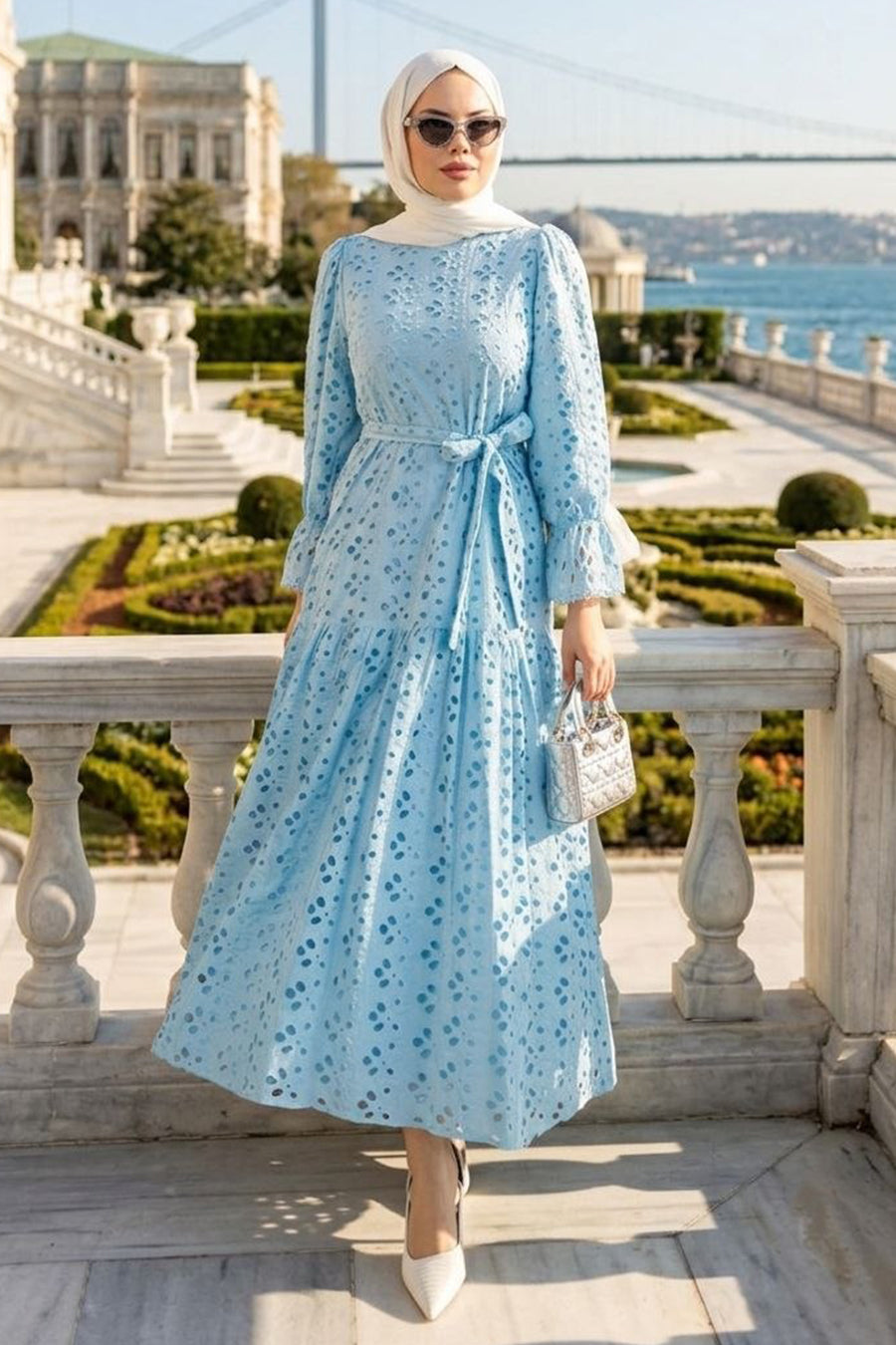 Belted Blue Embroidered Modest Dress 5000M