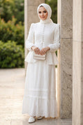 Belted Buttoned White Embroidered Two-Piece Modest Set 50205B