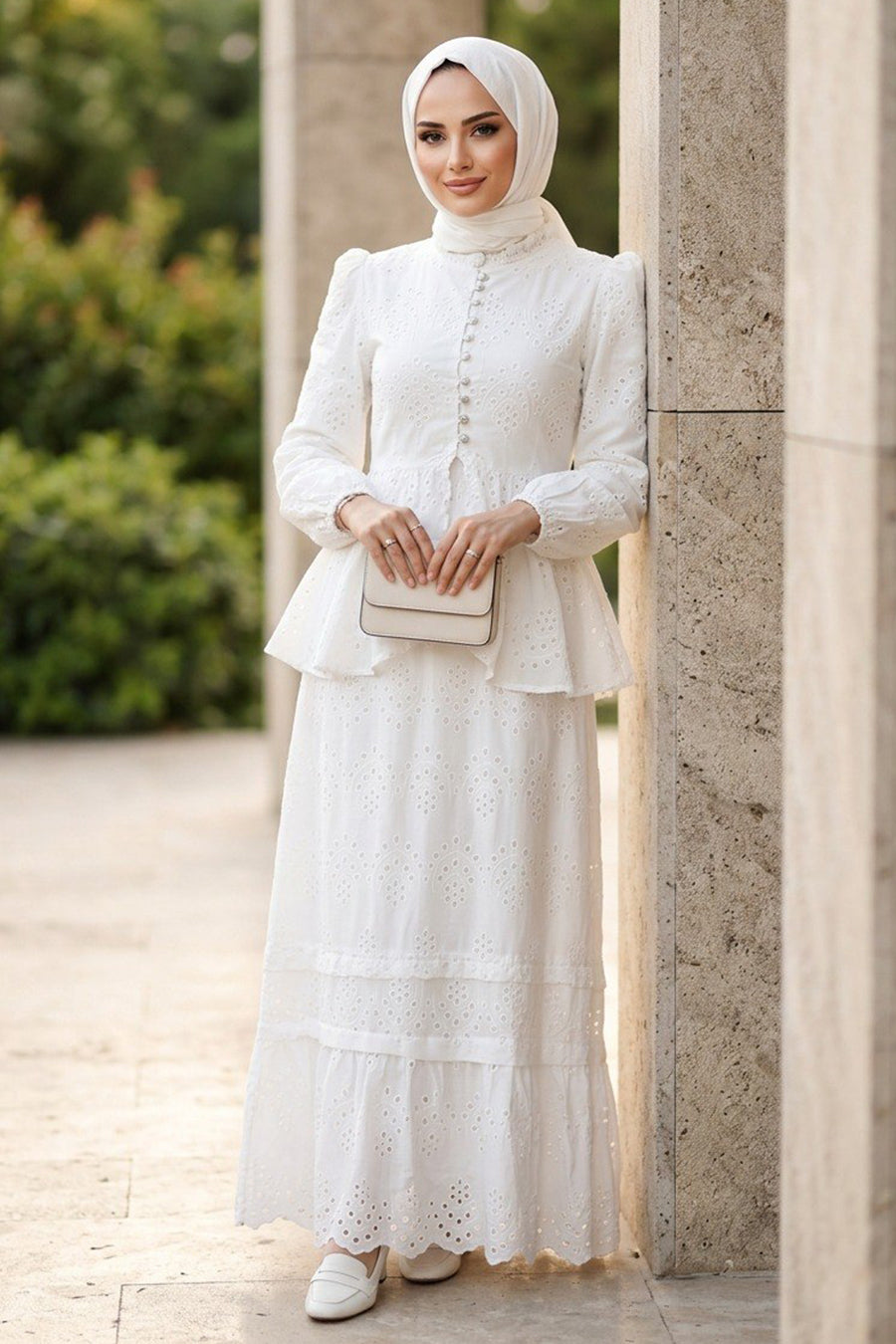 Belted Buttoned White Embroidered Two-Piece Modest Set 50205B