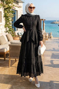 Belted Buttoned Black Embroidered Two-Piece Modest Set 50205S
