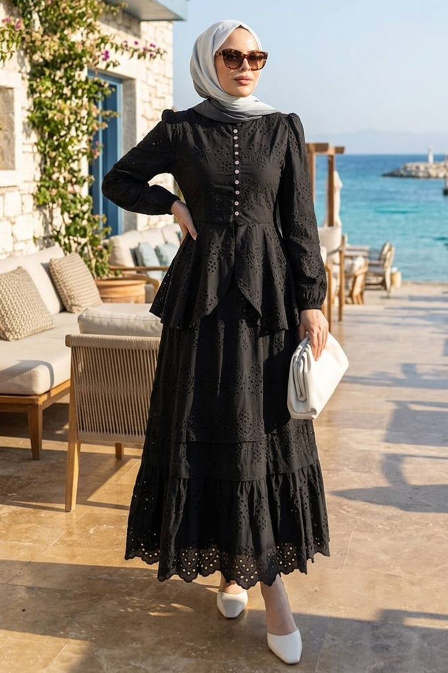 Belted Buttoned Black Embroidered Two-Piece Modest Set 50205S