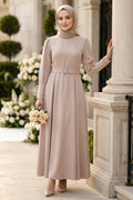 Belted Shoulder-Detail Beige Modest Dress 15602BEJ