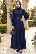 Belted Shoulder-Detail Navy Blue Modest Dress 15602L