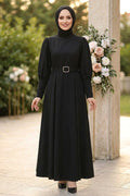 Belted Shoulder-Detail Black Modest Dress 15602S
