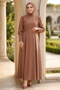 Belted Shoulder-Detail Tan Modest Dress 15602TB