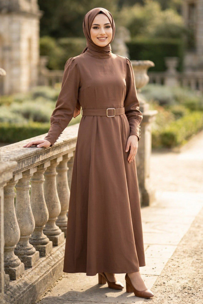Belted Shoulder-Detail Mink Modest Dress 15602V