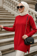 Side-Slit Red Modest Knit Sweater 10901K