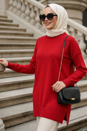 Side-Slit Red Modest Knit Sweater 10901K