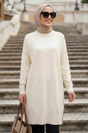 Side-Slit Cream Modest Knit Sweater 10901KR