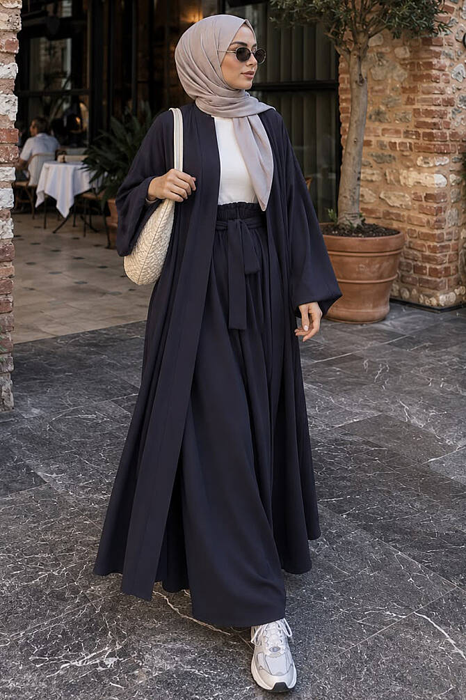 Navy blue Marrakesh-print belted kimono modest set 1403L wholesale Turkey standard size