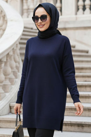 Side-Slit Navy Modest Knit Sweater 10901L