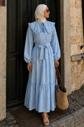 Embroidered Scarf-Collar Blue Modest Dress 26184M