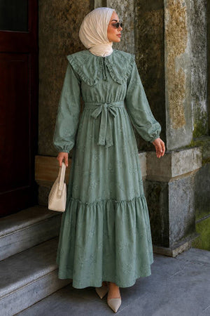 Embroidered Scarf-Collar Mint Modest Dress 26184MINT