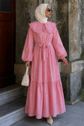 Embroidered Scarf-Collar Pink Modest Dress 26184P