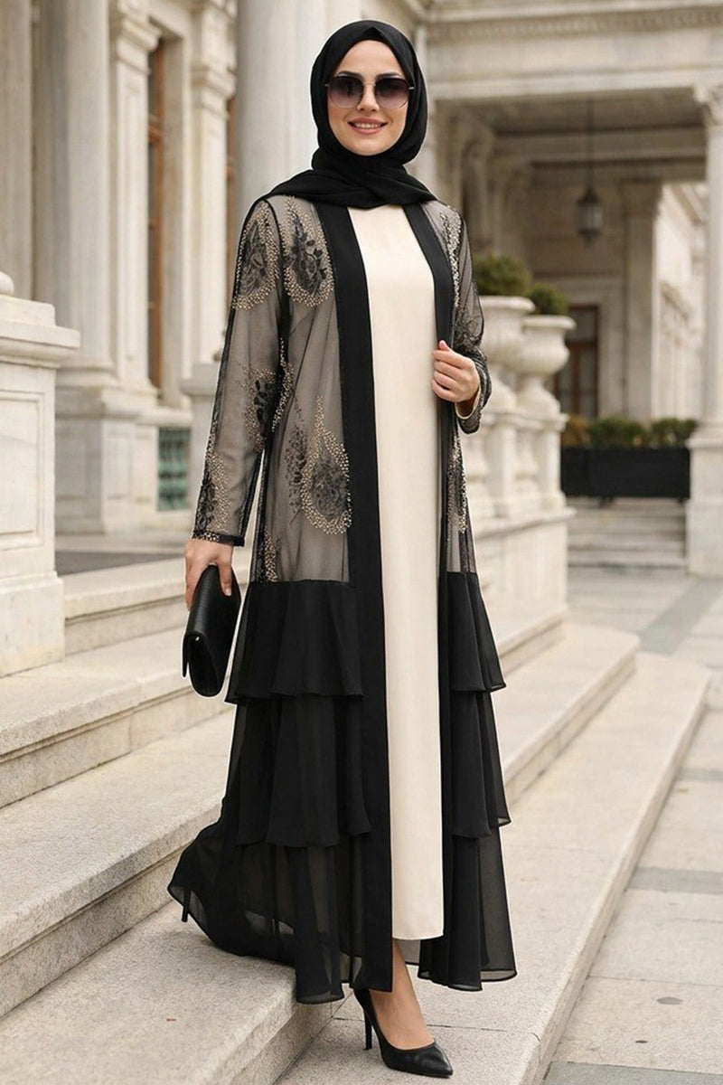 Embroidered Guipure Ruffled Black Modest Abaya 63262S
