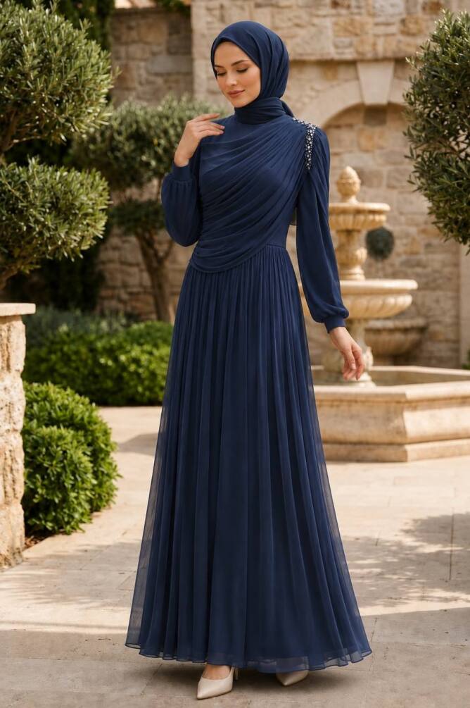 Shoulder stone detail draped navy blue modest evening dress 5714L — Turkish wholesale shimmery abiye