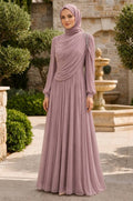 Shoulder stone detail draped powder pink modest evening dress 5714PD — Turkish wholesale shimmery abiye