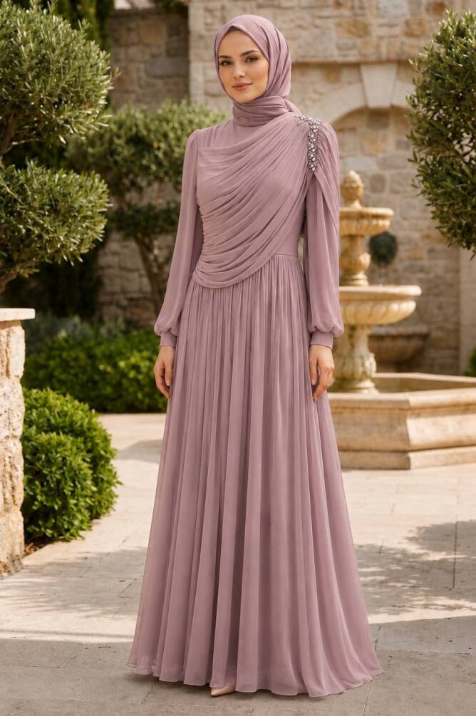 Shoulder stone detail draped powder pink modest evening dress 5714PD — Turkish wholesale shimmery abiye