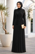 Shoulder stone detail draped black modest evening dress 5714S — Turkish wholesale shimmery abiye