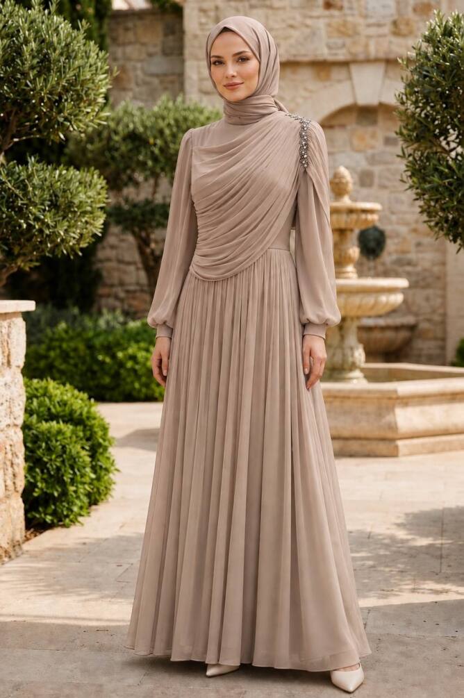 Shoulder stone detail draped mink modest evening dress 5714V — Turkish wholesale shimmery abiye