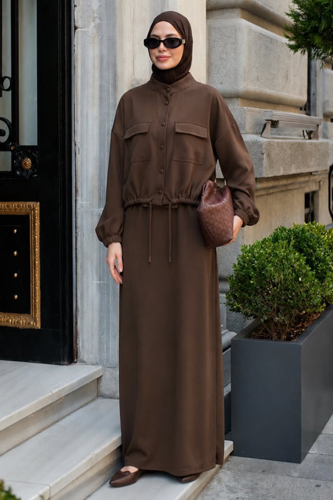 Brown front-pocket modest skirt two-piece set 1359KH wholesale Turkey