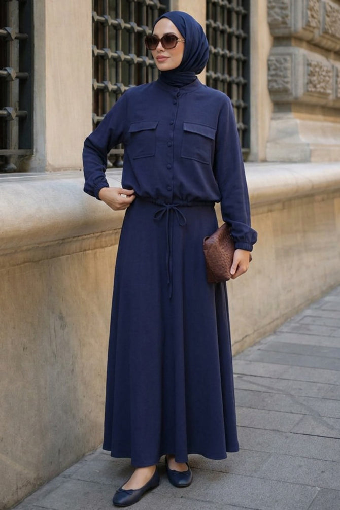 Navy blue front-pocket modest skirt two-piece set 1359L wholesale Turkey