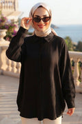 Button-Front Black Textured Modest Tunic 11025S
