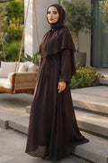 Brown cape-detail scarf-collar modest dress 26161KH wholesale Turkey