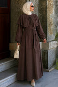 Cape-Detailed Scarf-Collar Brown Modest Dress 5326KH