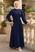 Pleat-Detailed Navy Modest Dress 10320L