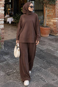 Brown raglan-sleeve side-slit modest trouser two-piece set 3012KH wholesale Turkey fall winter